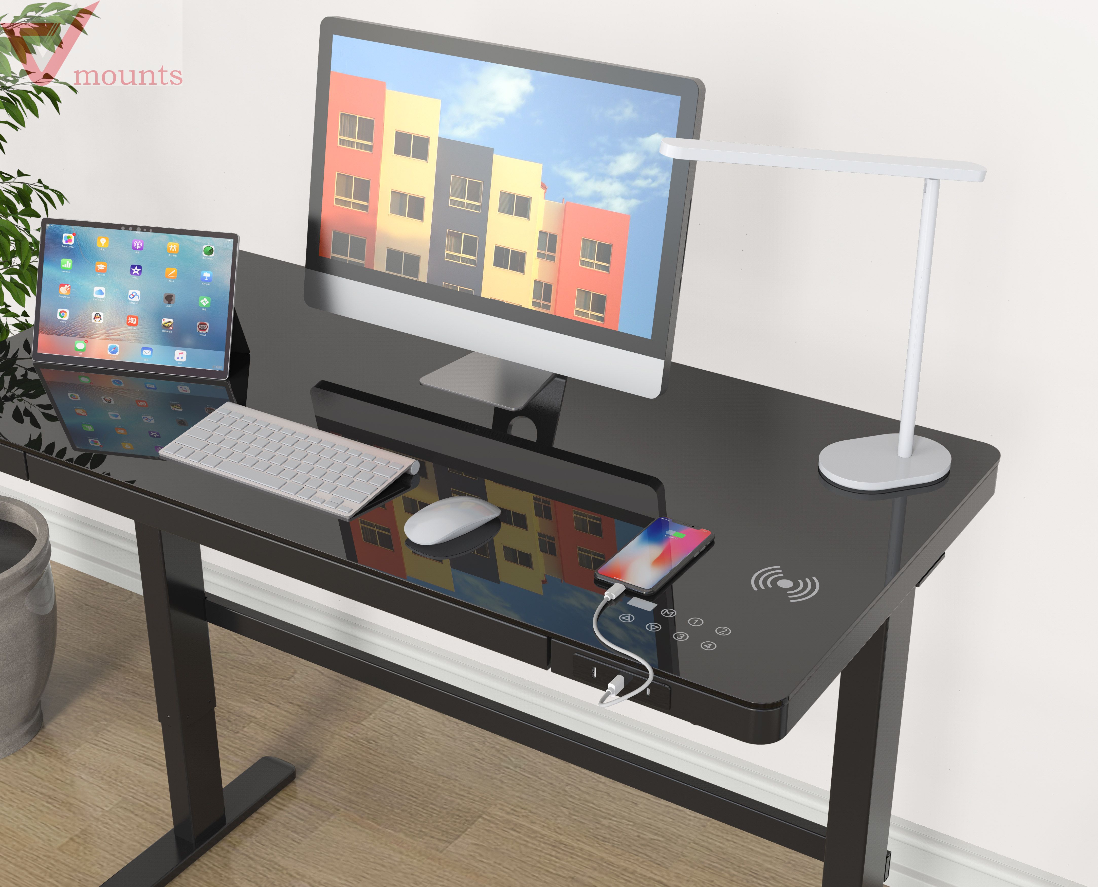 USB socket + wireless charging environmentally friendly tempered glass desktop LED real-time display height hidden drawer single motor electric standing desk VM-GHED121D-G2