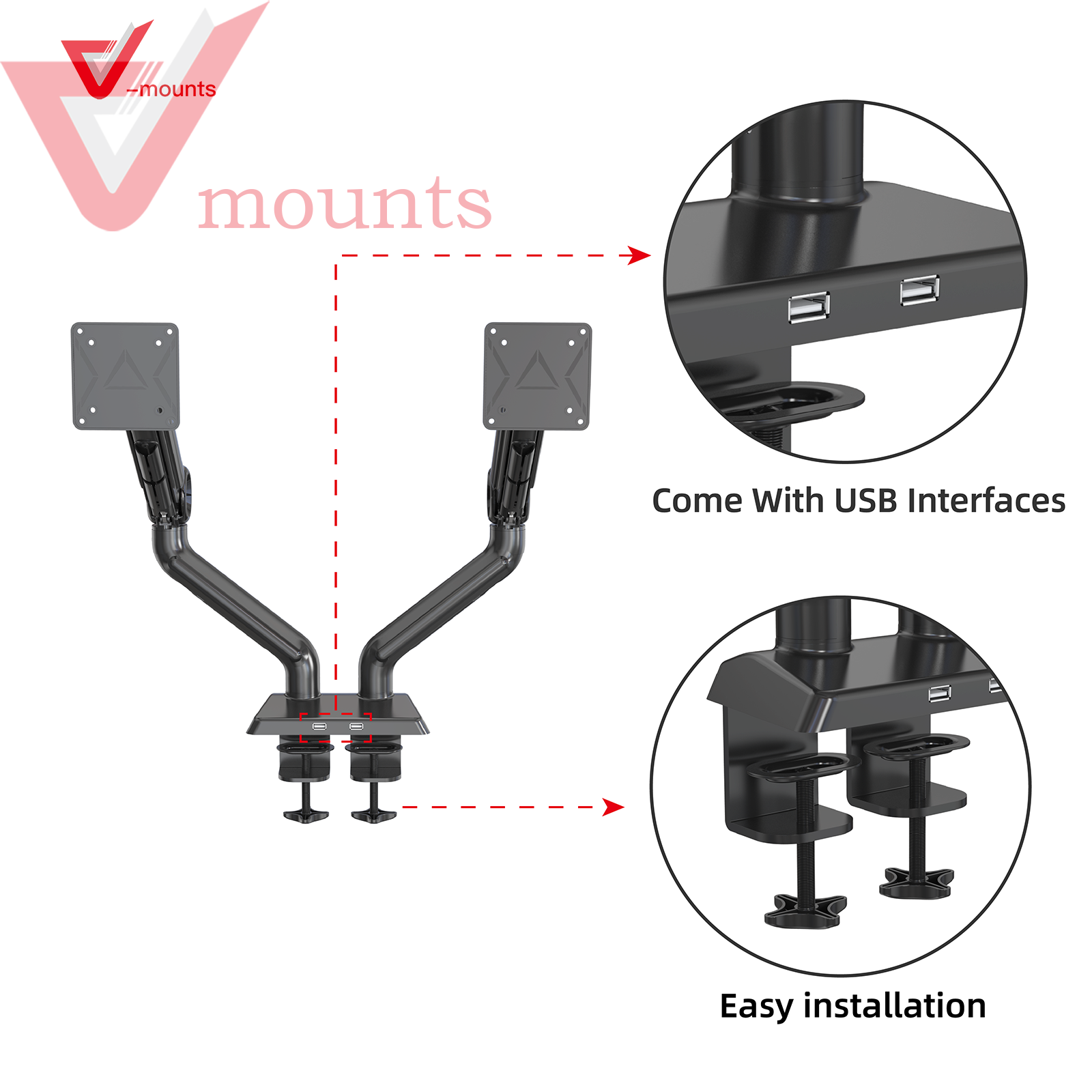 V-mounts ErgoTech Dual Gas Spring Monitor Mount with USB ports VM-GE62U