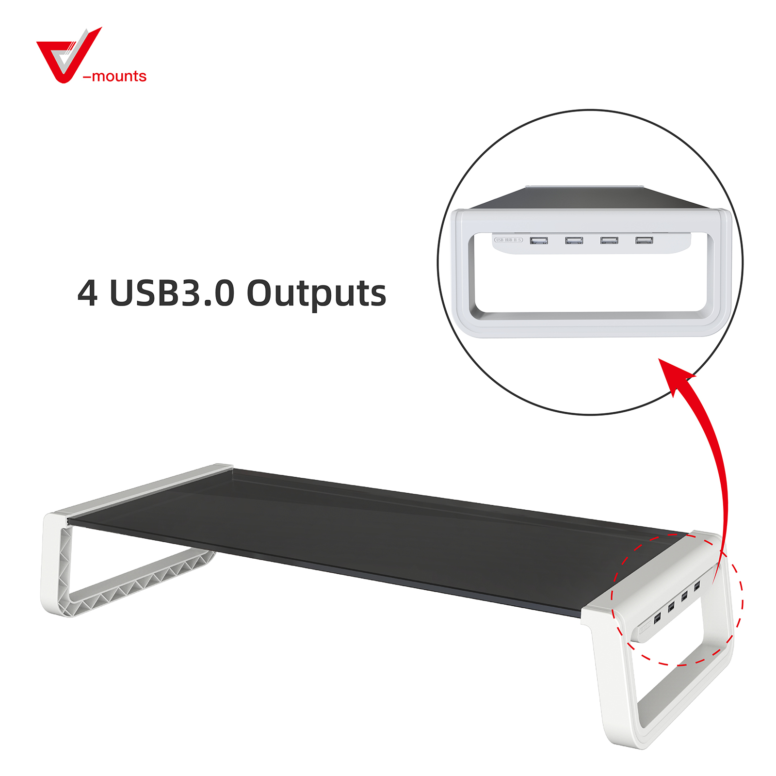 Tempered Glass Monitor Riser with USB3.0 ports VM-MR09