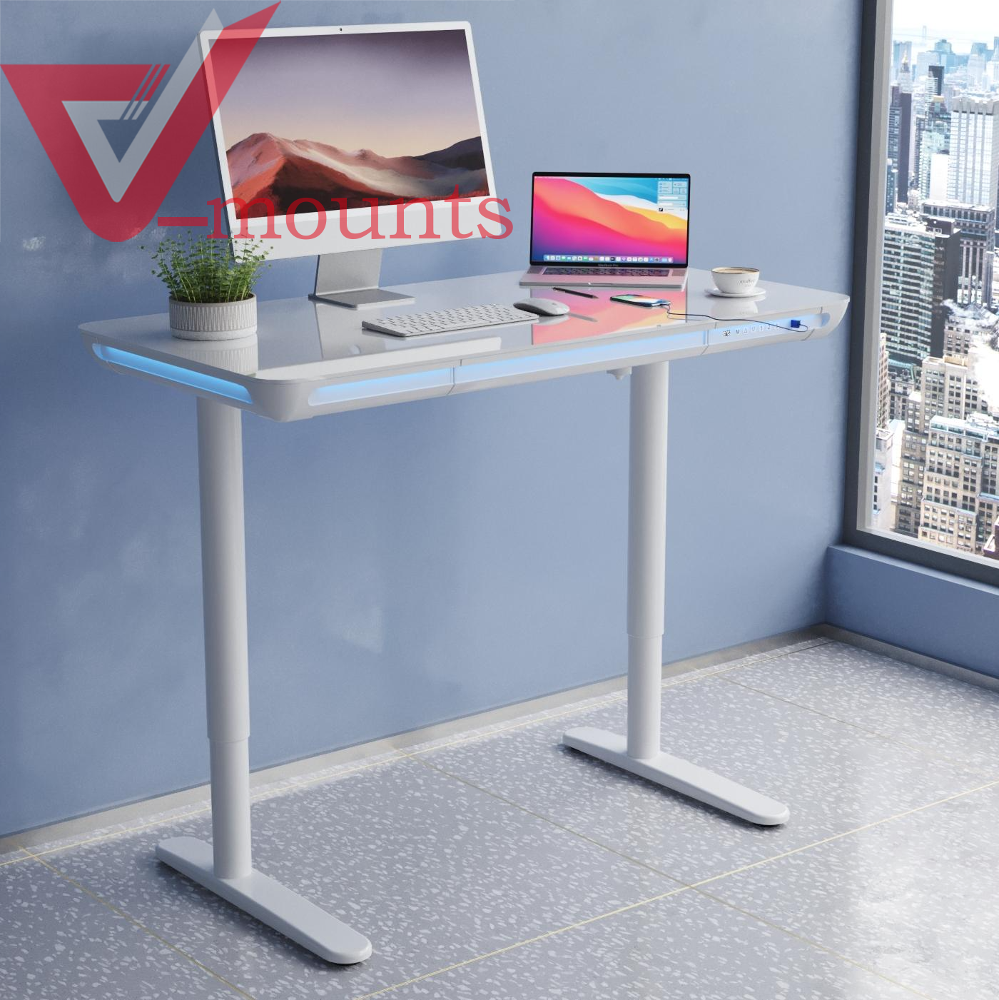 V-mounts Tempered Glass Electric Height Adjustable Desk VM-JSD5-03-G3