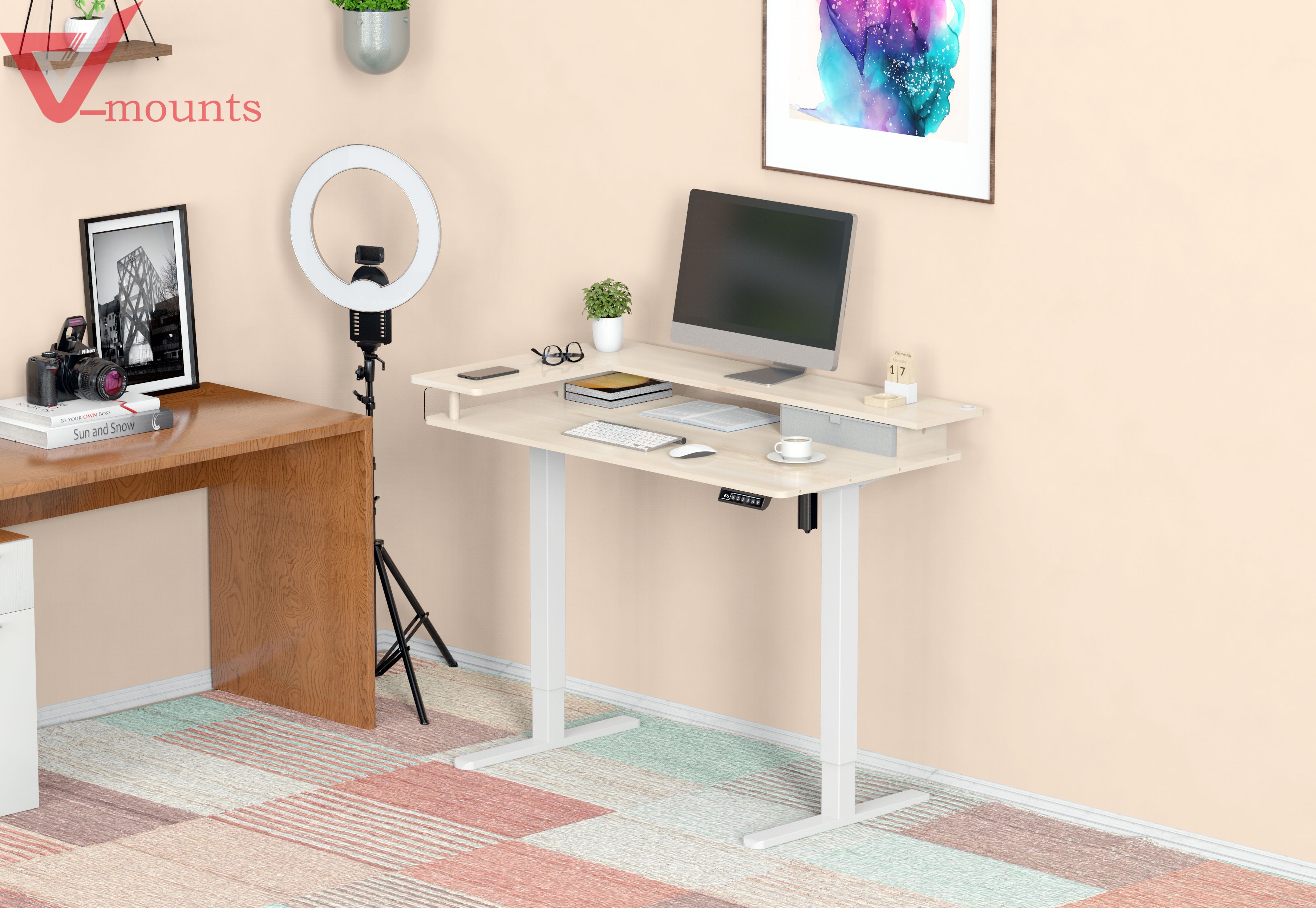 V-mounts L Shape Double-deck Electric Height Adjustable Desk With Drawer  JSD5-02-ZW-L