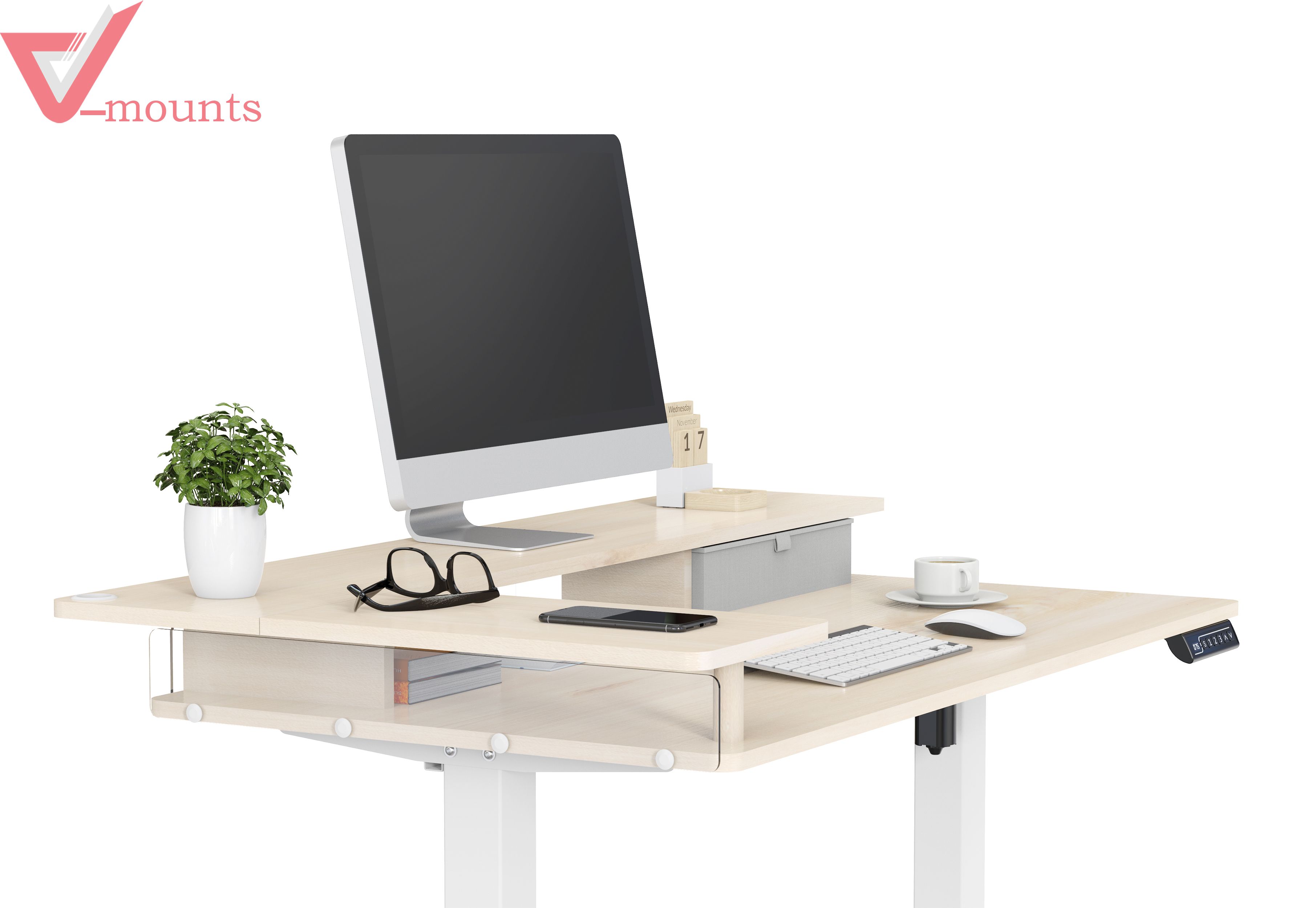 V-mounts L Shape Double-deck Electric Height Adjustable Desk With Drawer  JSD5-02-ZW-L