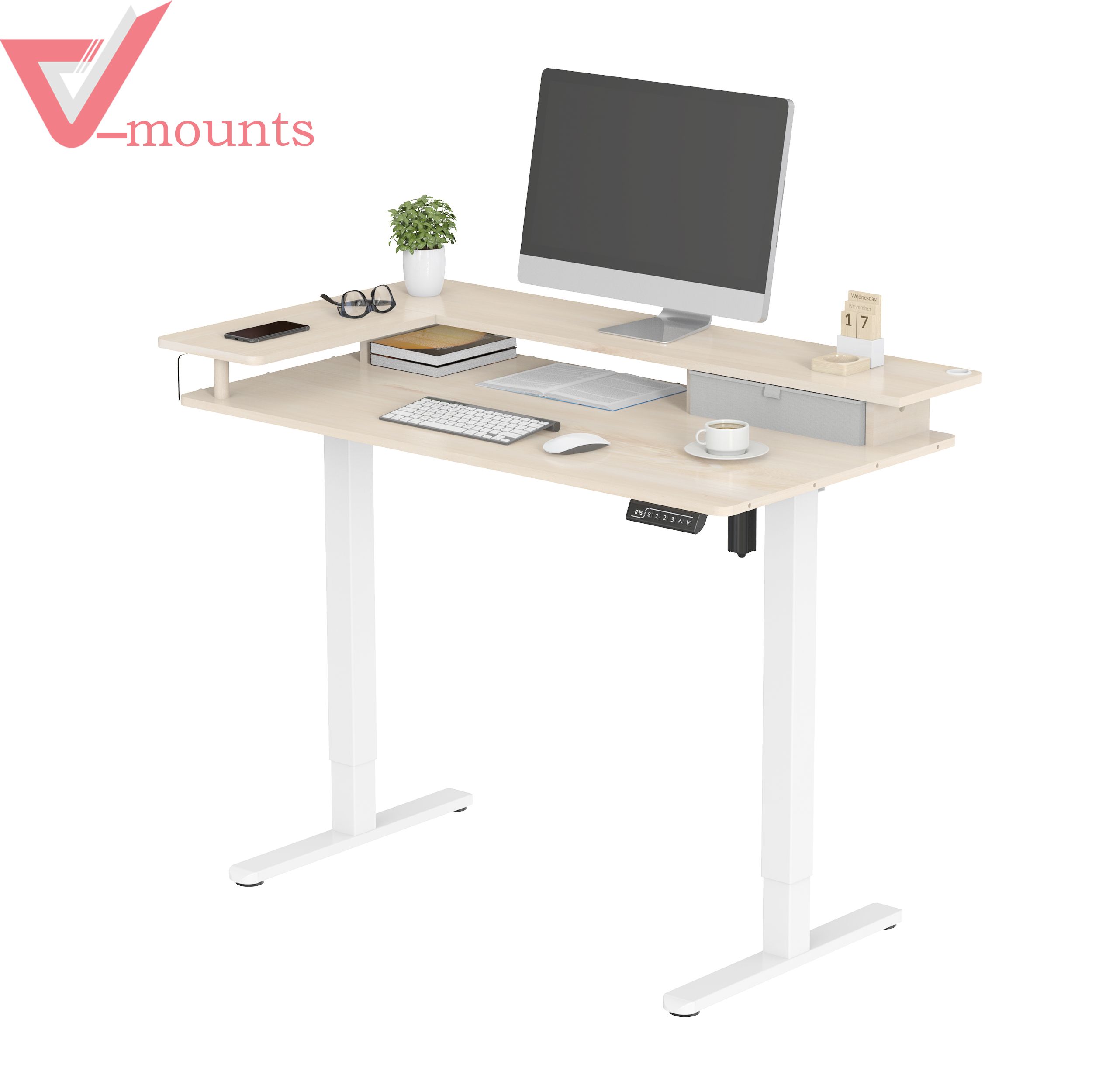 V-mounts ErgoSpot L Shape Double-deck Electric Height Adjustable Desk With Drawer  JSD5-02-ZW-L