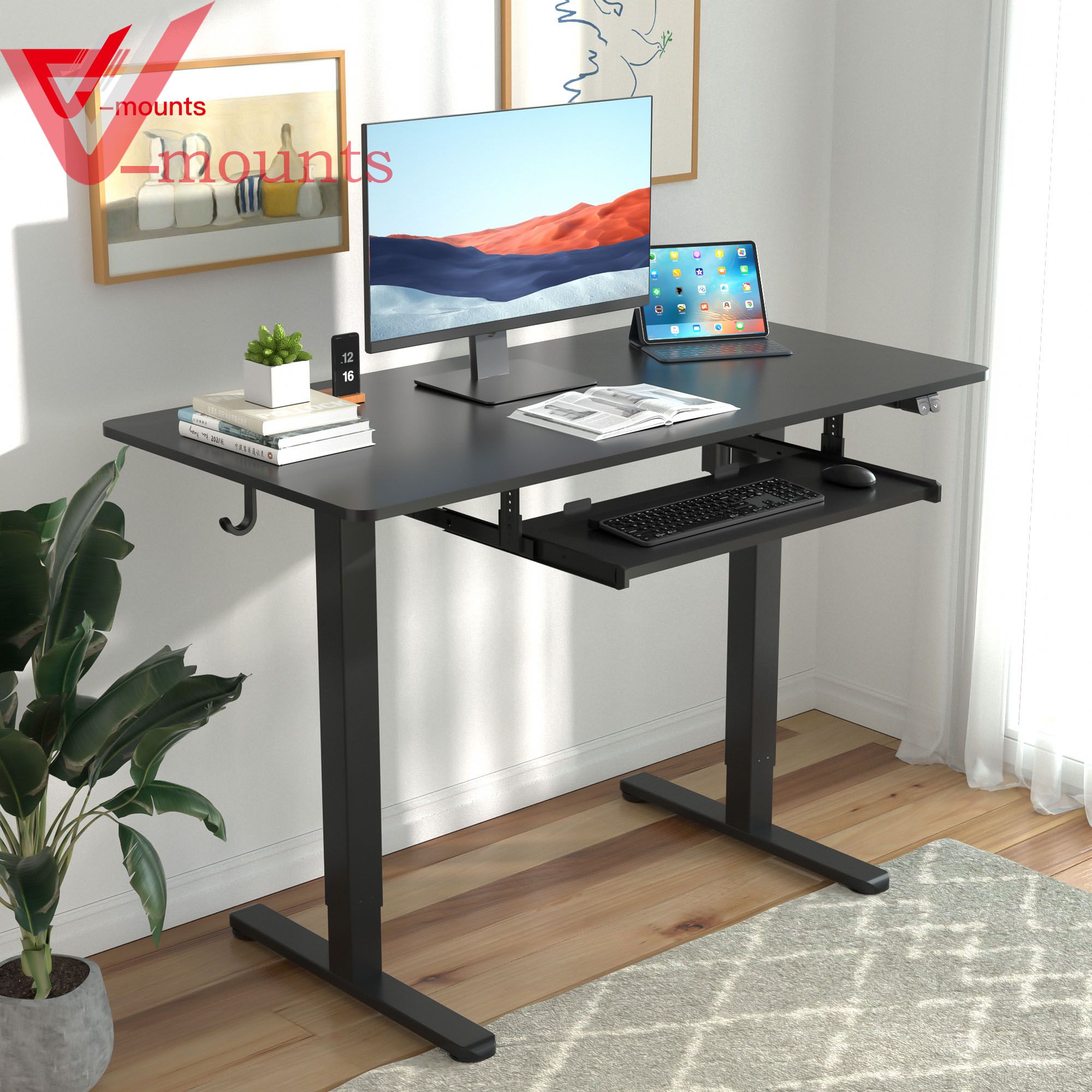 V-mounts Affordable Black Single Motor Height Adjustable Electric Standing Desk With Keyboard Tray VM-JSD5-01-2P-X