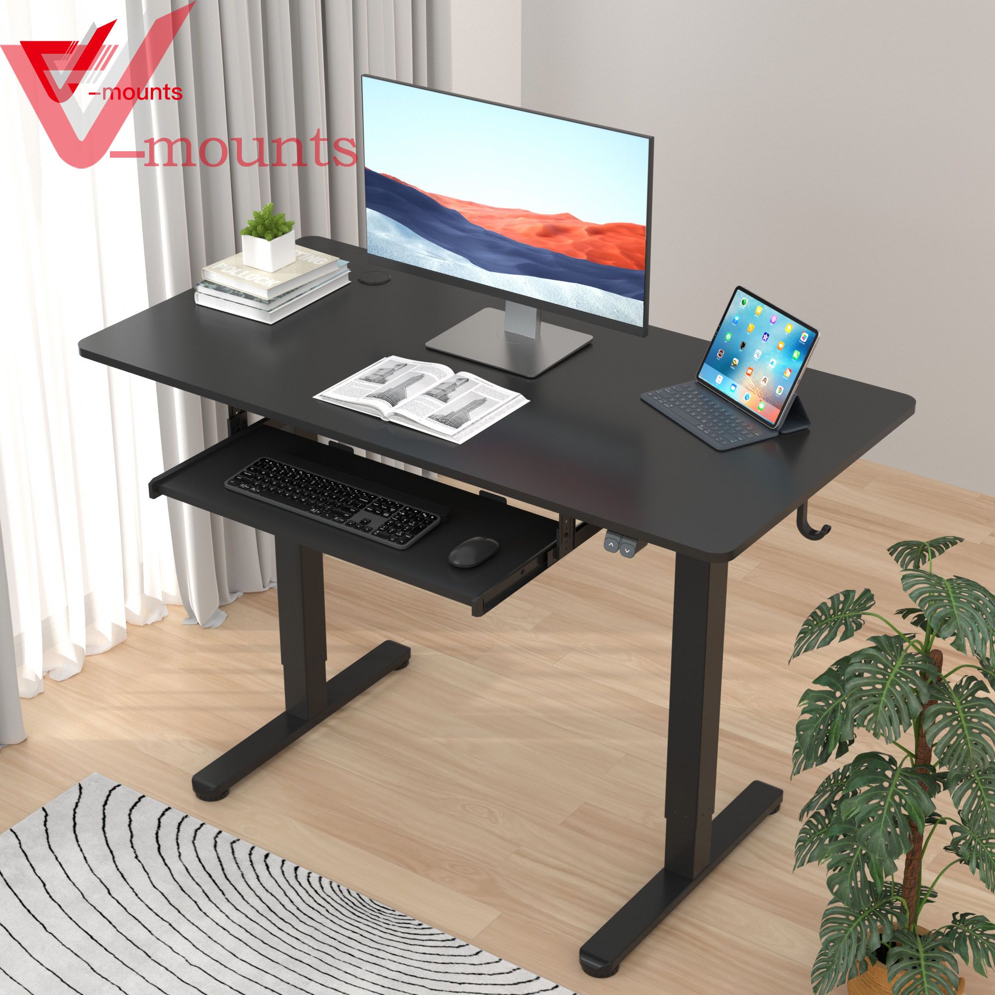 V-mounts ErgoFusion Affordable Black Single Motor Height Adjustable Electric Standing Desk With Keyboard Tray VM-JSD5-01-2P-X