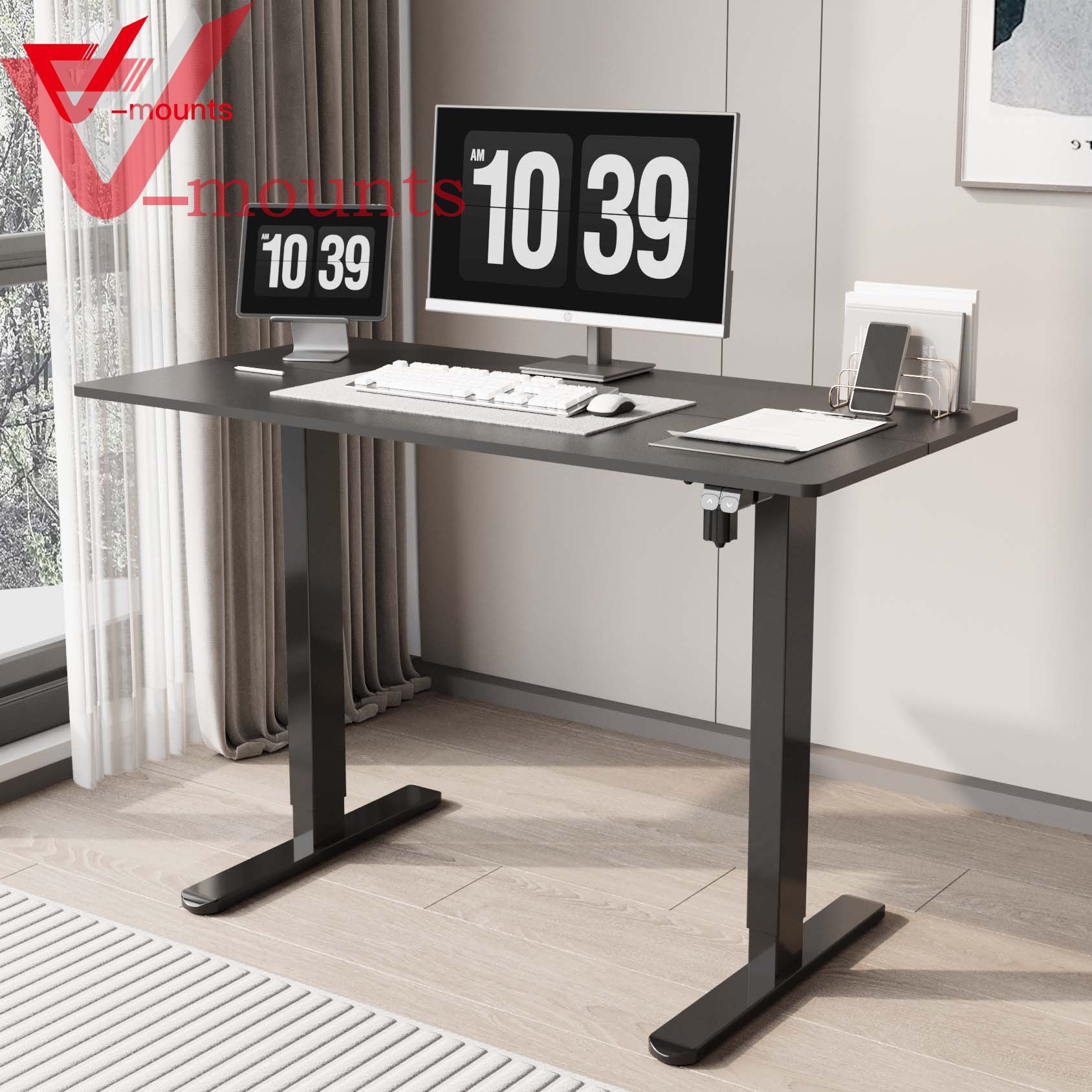 V-mounts Electric Single Motor Height Adjustable Standing Desks With 2 Spliced Boards And Rectangular Legs VM-JSD5-02-2P