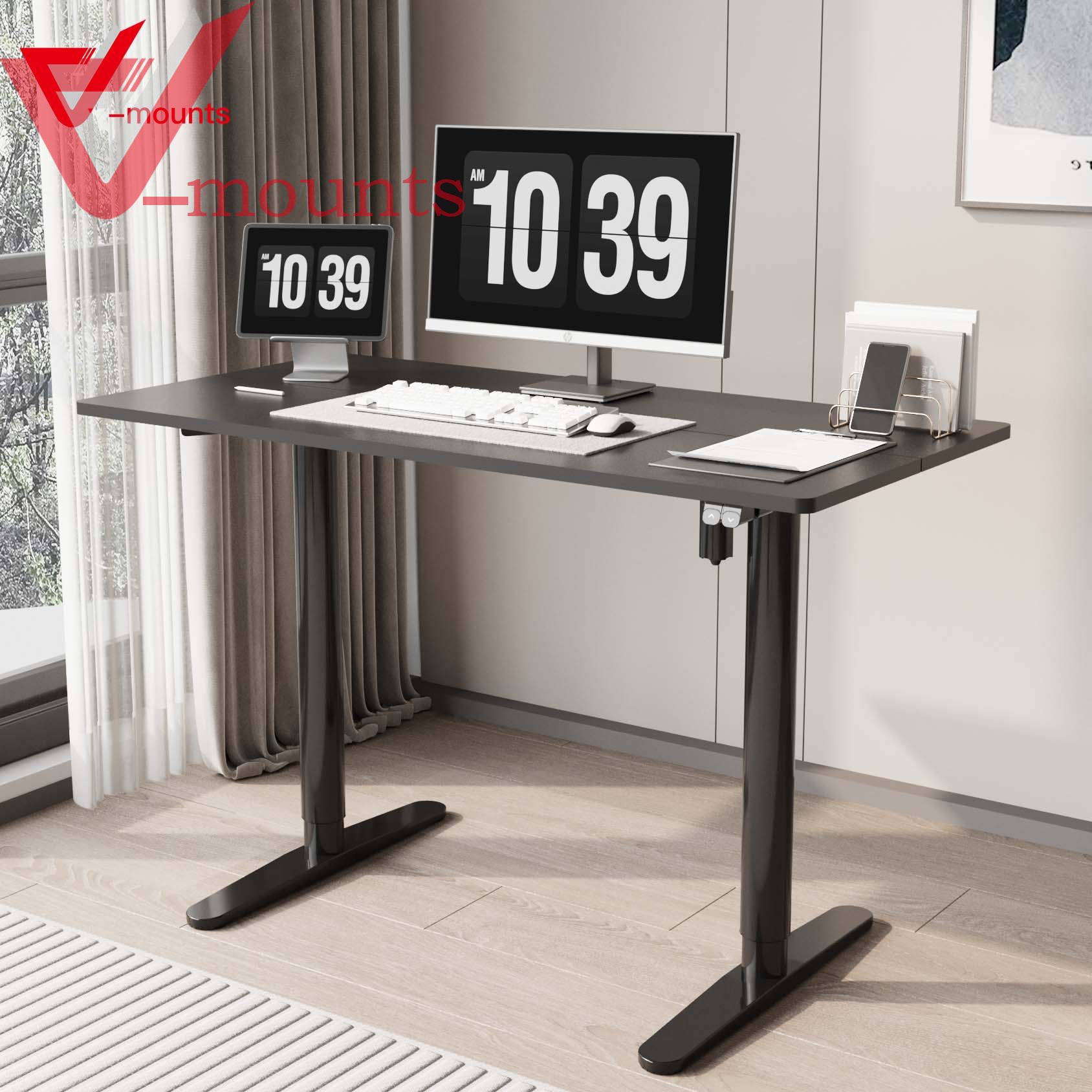 V-mounts Electric Single Motor Height Adjustable Standing Desks With 2 Spliced Boards And Round Legs VM-JSD5-03-2P