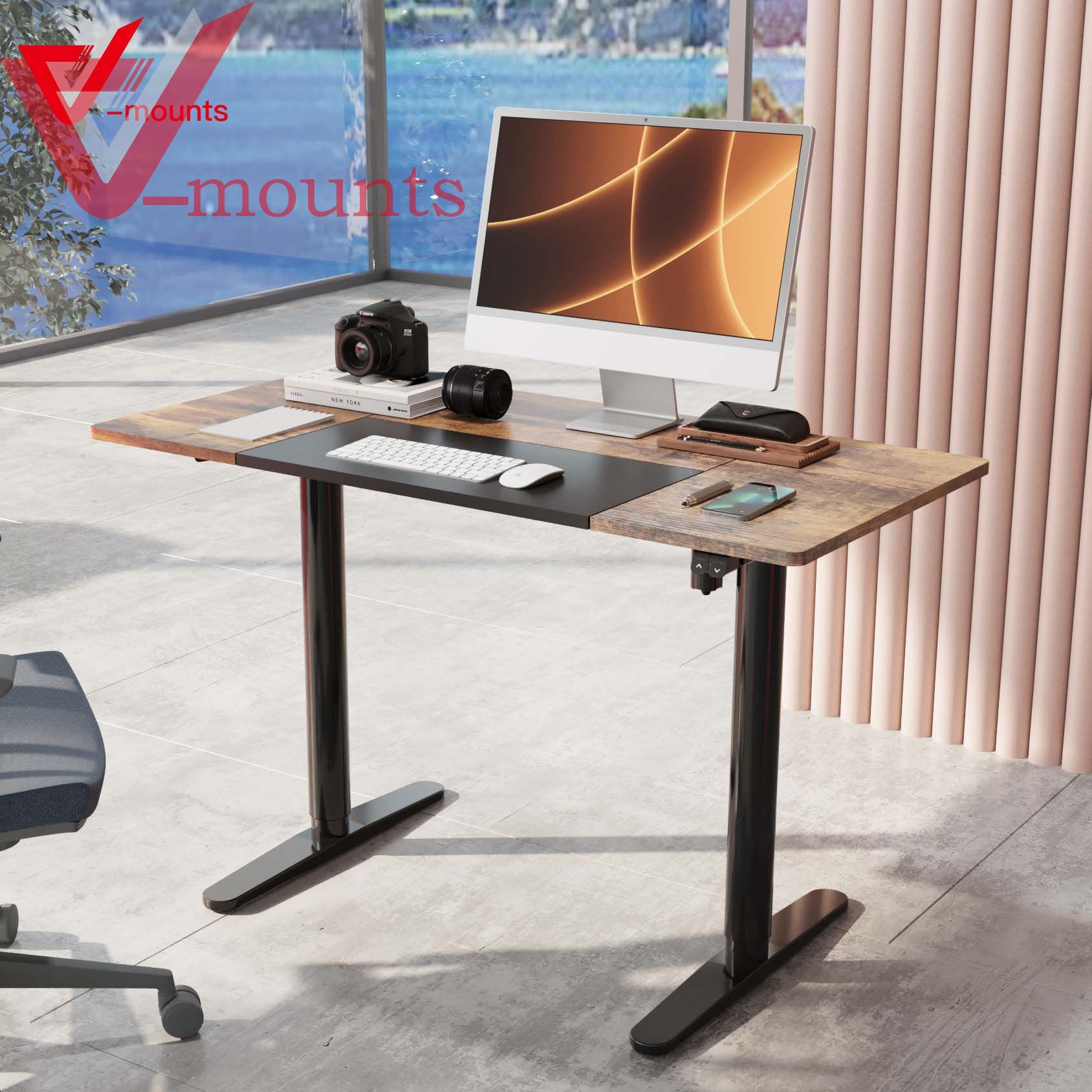 V-mounts Electric Single Motor Height Adjustable Standing Desks With 4 Spliced Boards And Round Legs VM-JSD5-03-4P
