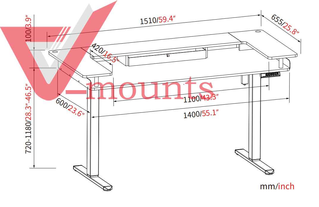 V-mounts U Shape Double-deck Electric Height Adjustable Desk With Drawer  JSD5-02-ZW-U