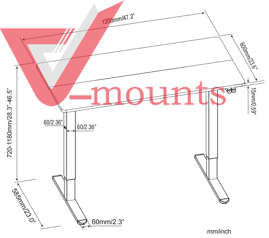 V-mounts Electric Single Motor Height Adjustable Standing Desks With 2 Spliced Boards And Square Legs VM-JSD5-01-2P