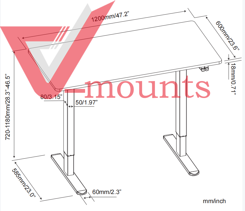 V-mounts Electric Single Motor Height Adjustable Standing Desks  With 1 Whole Board,Rectangular Legs VM-JSD5-02-1P