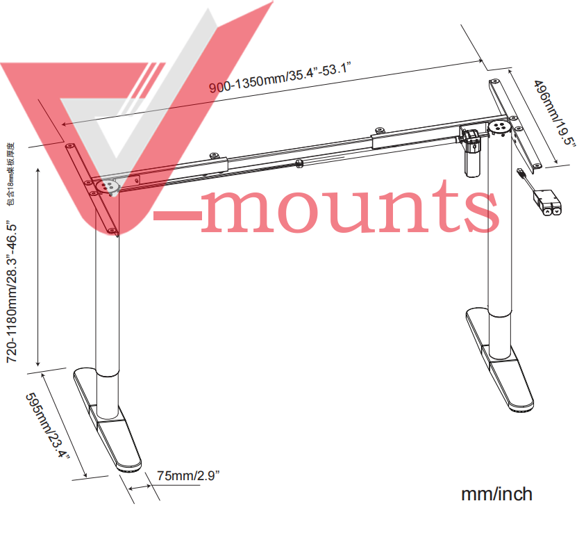 V-mounts Electric Single Motor Height Adjustable Standing Desks Frame With Round Legs VM-JSD5-03
